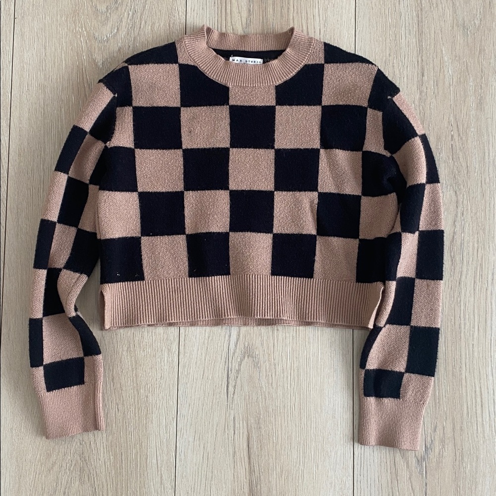 Girls Checkered Black and Brown Sweater